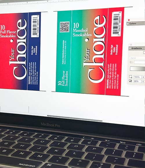 Computer screen showing the artwork of cigaret brand Your Choice packaging.