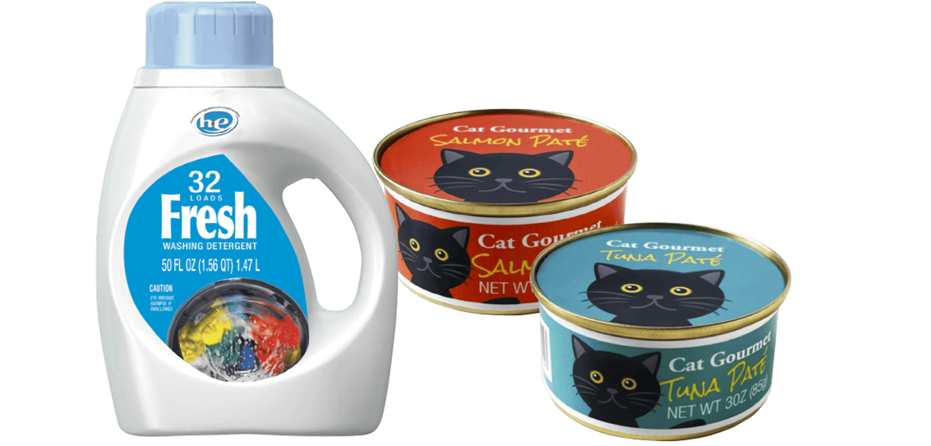 Sampes of flask of Fresh detergent and two cans of catfood.