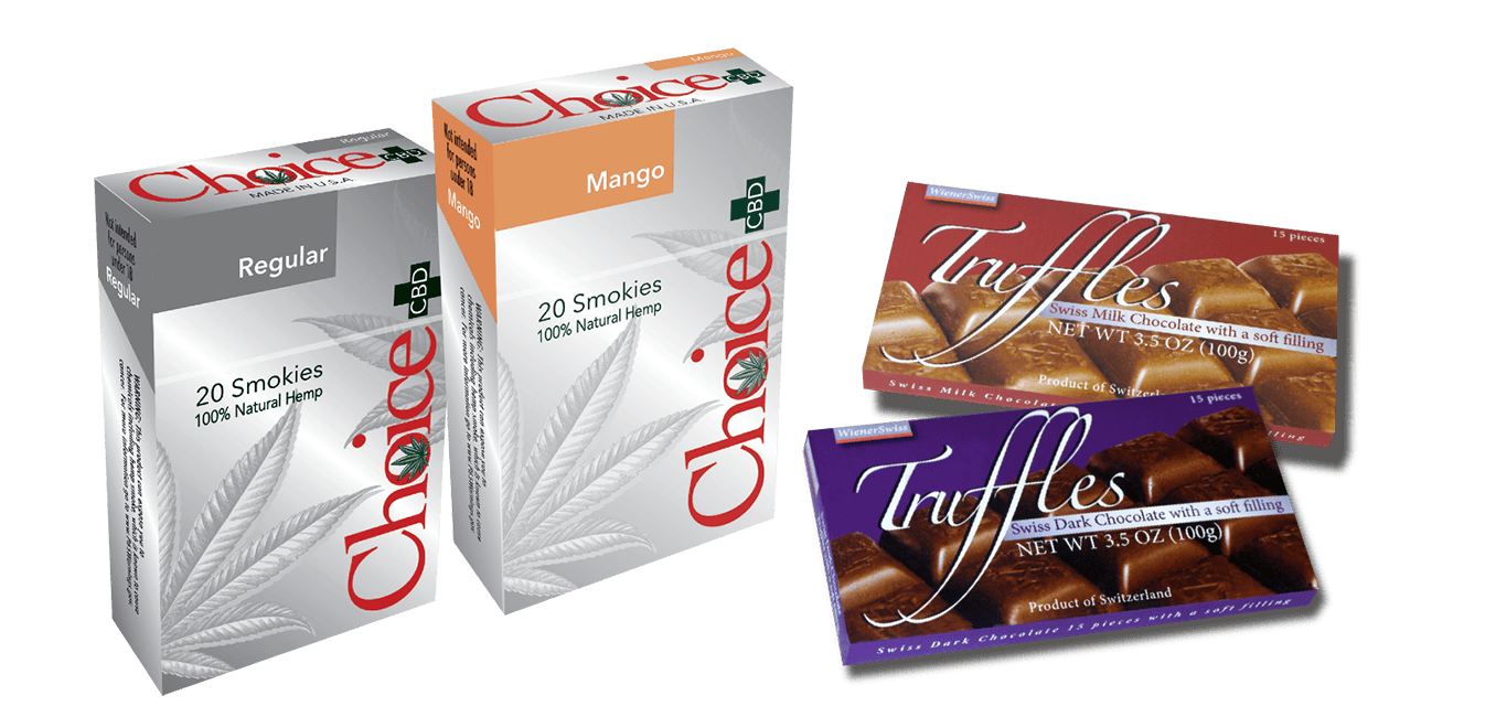 Two packs of sigarettes and two chocolate bars in packaging.